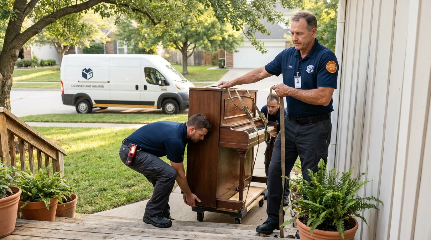 Licensed piano movers securing grand piano in Hot Springs, SD