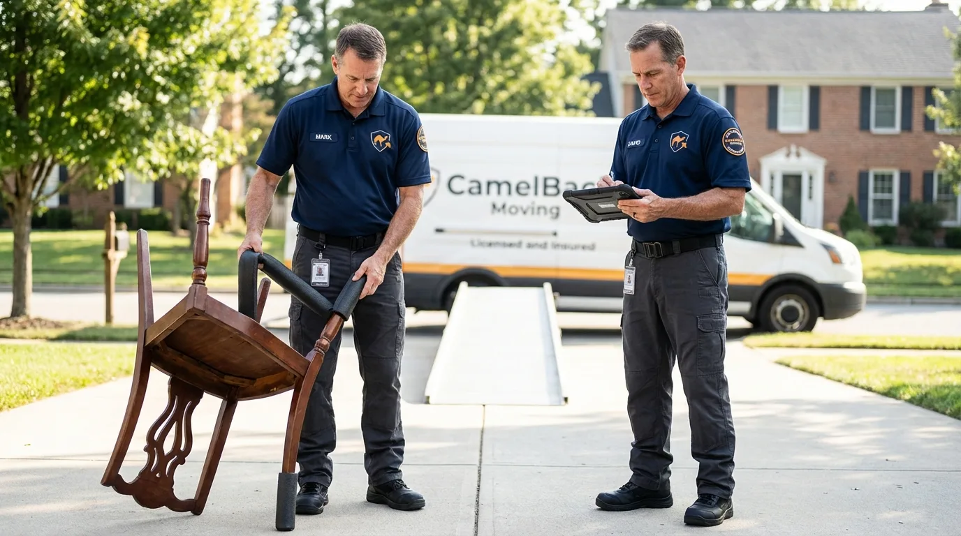Movers inspecting furniture for damage prevention before loading in Hot Springs, SD